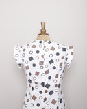 1970's White Sleeveless drop waist Mini Mod Dress with a black & brown geo shape print