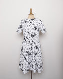 1970's White cotton short sleeve dress with black daisy & polka print