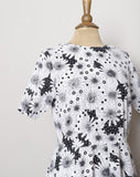 1970's White cotton short sleeve dress with black daisy & polka print