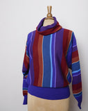 1970-80's Jeanne Pierre Purple, Maroon, Teal, Brown & Turquoise striped cowl neck sweater