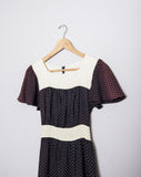 1970's Black & Ivory polka dot mini dress with short flutter sleeves