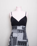 1990's Black spaghetti braided strap dress with black & white patchwork skirt