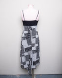 1990's Black spaghetti braided strap dress with black & white patchwork skirt