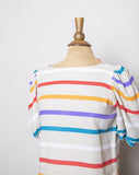 1970-80's Ivory boxy top with multi color striped and puff sleeves