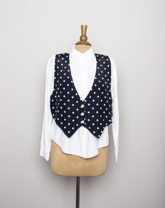 1990's White button down long sleeve shirt with a polka dot attached vest