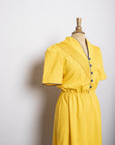 1980's Canary Yellow short sleeve dress with Navy outline & buttons