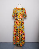 1970's Sage Green Hawaiian Jumpsuit with orange & yellow tropical florals