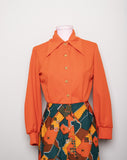 1970's  Orange polyester long sleeve psychedelic mini dress