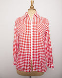 1970's Red & White houndstooth long sleeve zip up cotton shirt with 2 front chest pockets