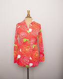 1970's Jantzen Coral red long sleeve polyester shirt with an abstract swirl print.