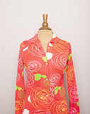 1970's Jantzen Coral red long sleeve polyester shirt with an abstract swirl print.