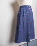 1990's Navy blue polka dot plus size button down skirt with red statement buttons