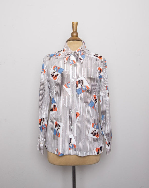 1970's White long sleeve shirt with a orange & blue striped novelty print of 2 flapper girls