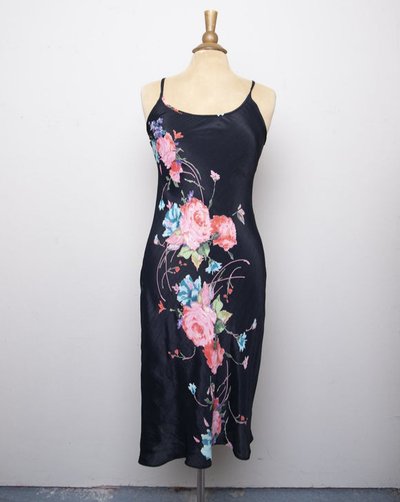 Y2K Black sleeveless bias dress with watercolor pink roses and bead embellishments