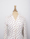 1970's Ivory long sleeve top with dainty pink florals and polka dots