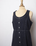 1990's Black Denim jumper mini dress with white stitching.