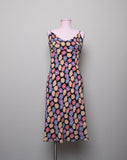 Y2K Black bias sleeveless dress with pink, purple & orange daisy print