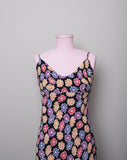 Y2K Black bias sleeveless dress with pink, purple & orange daisy print
