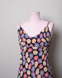 Y2K Black bias sleeveless dress with pink, purple & orange daisy print