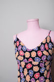 Y2K Black bias sleeveless dress with pink, purple & orange daisy print