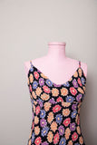 Y2K Black bias sleeveless dress with pink, purple & orange daisy print