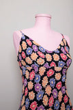 Y2K Black bias sleeveless dress with pink, purple & orange daisy print