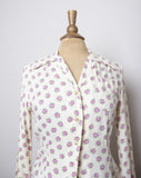 1970's Ivory long sleeve top with dainty pink florals and polka dots