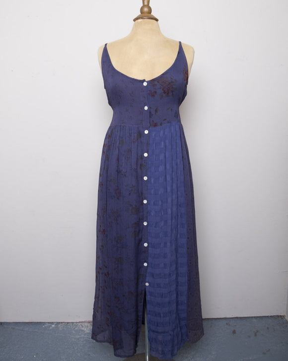 1990's Navy Blue sleeveless sheer floral patchwork buttond down maxi dress