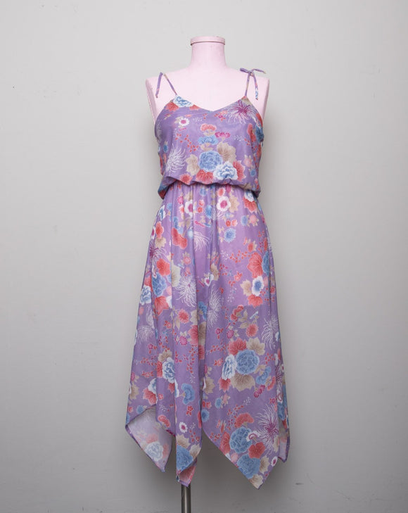 1970's sheer Sleeveless Lavender floral dress w/handkerchief hem, blouson bodice and tie straps