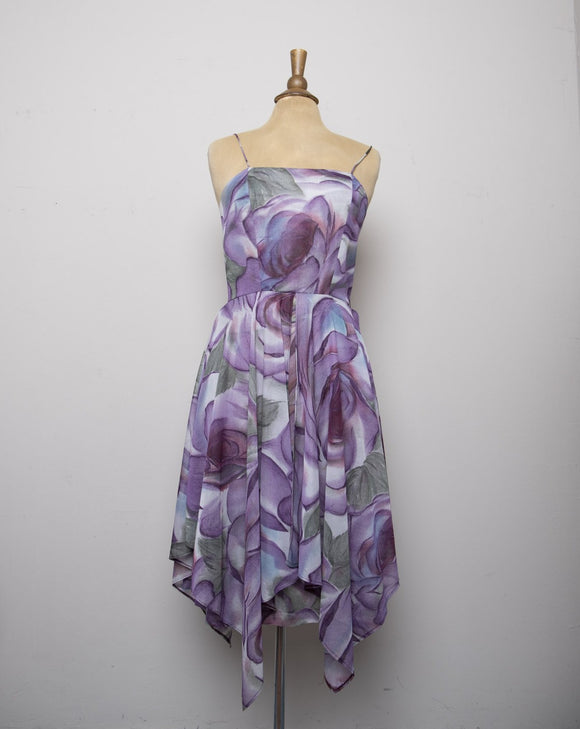 1970's sheer Sleeveless Purple floral dress with layered handkerchief hem
