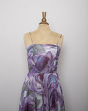 1970's sheer Sleeveless Purple floral dress with layered handkerchief hem