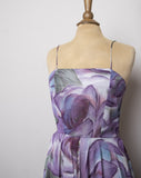 1970's sheer Sleeveless Purple floral dress with layered handkerchief hem