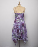 1970's sheer Sleeveless Purple floral dress with layered handkerchief hem