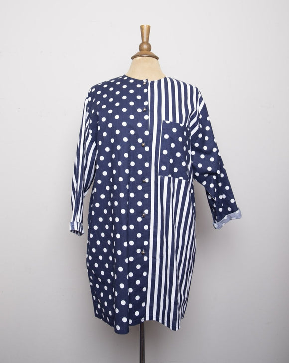 1990's Navy blue color block stripes & polka dots shirt dress