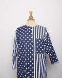 1990's Navy blue color block stripes & polka dots shirt dress