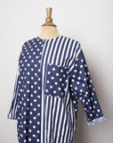 1990's Navy blue color block stripes & polka dots shirt dress