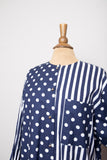 1990's Navy blue color block stripes & polka dots shirt dress