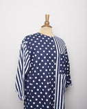 1990's Navy blue color block stripes & polka dots shirt dress