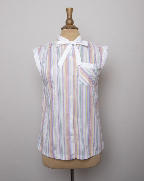 1970's Rainbow pinstriped sleeveless top with bow tie