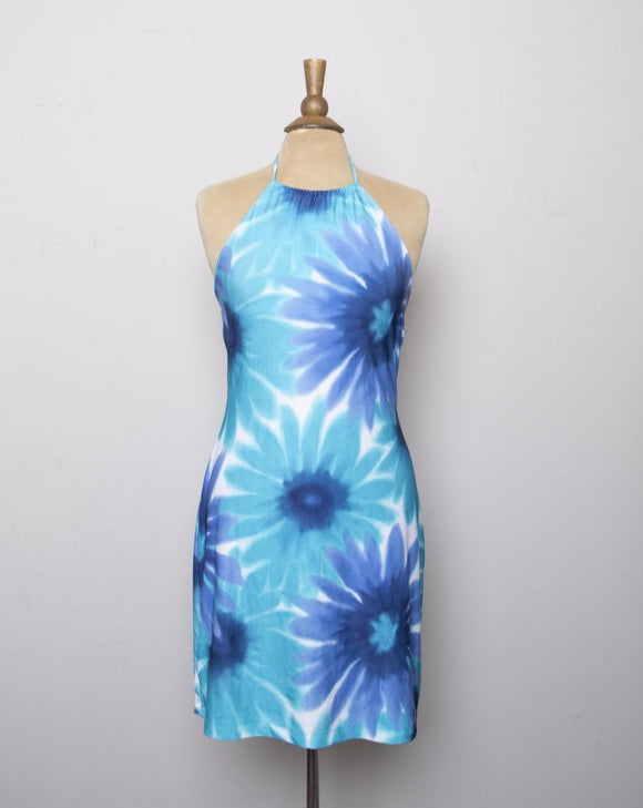 1990's-Y2K Turquoise blue daisy halter body con dress