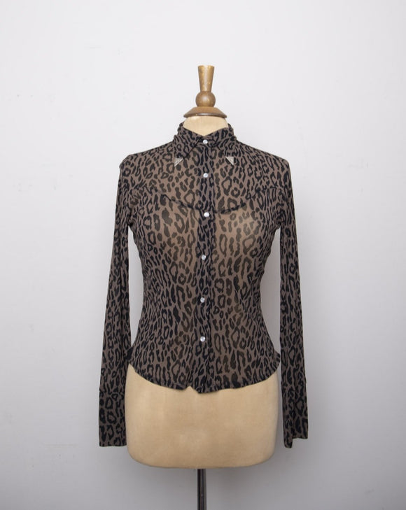1990's/Y2K Sheer long sleeve Leopard pearl snap shirt