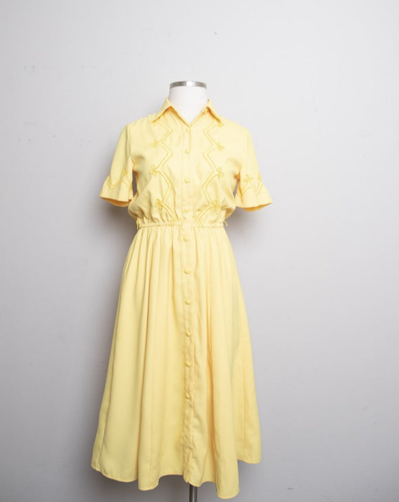 1990's Canary Yellow short sleeve button down shirt waist dress