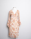 Y2K Ivory bias silk dress with bell sleeves in a orange & red floral & paisley print