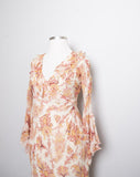 Y2K Ivory bias silk dress with bell sleeves in a orange & red floral & paisley print