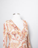 Y2K Ivory bias silk dress with bell sleeves in a orange & red floral & paisley print