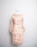 Y2K Ivory bias silk dress with bell sleeves in a orange & red floral & paisley print