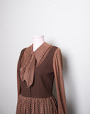 1970's Brown long sleeve polka dot mini dress with attached vest and bow tie