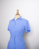 1990's-Y2K Blue linen short sleeve button down dress with pockets