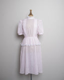 1970's Pink sheer polka dot prairie dress with puff sleeves, peplum skirt and laced highneck