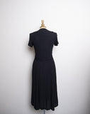 1990's Black short sleeve button down midi dress with pearl buttons and front slit